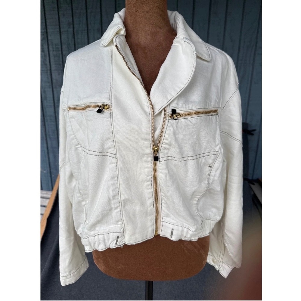 We The Free Urban Outfitters White Denim Cropped Zip Jacket OB1653817 Medium